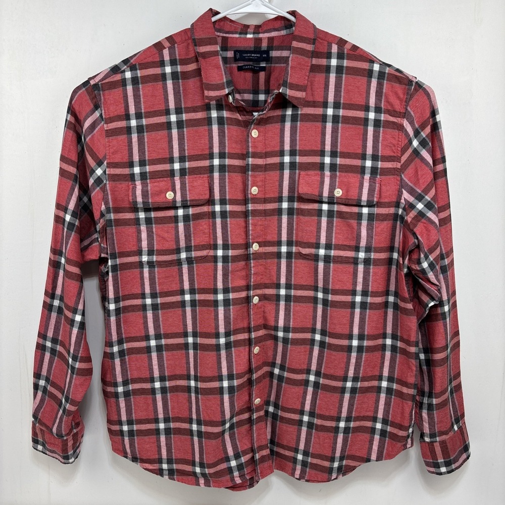 Lucky Brand Classic Fit Men's Red Plaid Long Sleeve Button Up Shirt Size XXL EUC